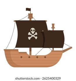 Colorful cartoon pirate ship illustration with skull and crossbones. Wooden flat design. Vector sailboat. Maritime and nautical elements. Perfect for children's storybooks. Fantasy art