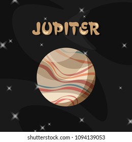 Colorful cartoon planet Jupiter isolated on space background. Vector flat illustartion.
