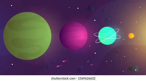 Colorful cartoon planets and deep space in flat style. Bright cute science astronomical composition. Fantasy sci-fi template for games or branding design. Vector illustration.