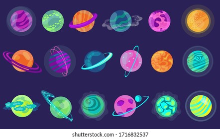 Colorful cartoon planets flat icon kit. Fantasy abstract space objects vector illustration collection. Cosmic shapes for mobile and computer games - Shutterstock ID 1716832537
