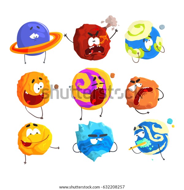 Colorful\
cartoon planets with funny faces and different emotions set for\
label design. Detailed vector\
Illustrations