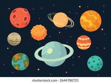 Planetas coloridos de desenhos animados com anéis, crateras e texturas em fundo estrelado escuro. Ilustração de padrão sem emenda de vetor plano. Espaço exterior e conceito de astronomia para design e papel de parede