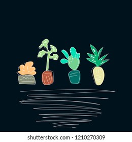 Colorful cartoon plants in pots. Fashion plants on dark blue background.