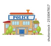 Colorful cartoon police station building with a blue sign, suitable for concepts such as law enforcement, security, and justice