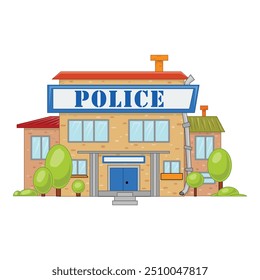 Colorful cartoon police station building with a blue sign, suitable for concepts such as law enforcement, security, and justice