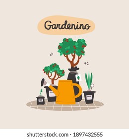 Colorful cartoon poster on the theme of garden, gardening, agriculture. Flat watering can, plants, seedlings, flowers for use in design