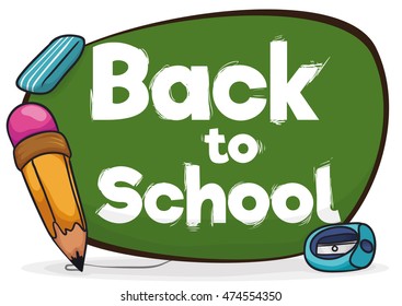 Colorful cartoon poster with some school elements and a sign reminder to get Back to School.