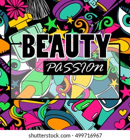Colorful cartoon psychedelic pattern background with abstract heap of decorative cosmetics. Beauty concept. 