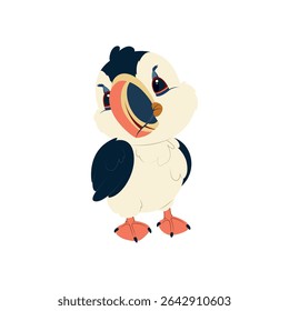 Ilustração colorida do pássaro do puffin do desenho animado. Aves marinhas do Ártico com bico e pés brilhantes, ideais para livros infantis, educação sobre a vida selvagem e gráficos com temática marinha.