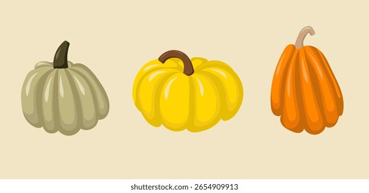 Colorful cartoon pumpkins set in flat vector style. Decorative autumn pumpkins with different shapes. Perfect for seasonal design, harvest themes, Halloween, and Thanksgiving projects.