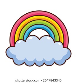 Colorful cartoon rainbow with blue cloud icon isolated on white background