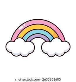 Um colorido arco-íris de desenhos animados com cores pastel e nuvens brancas macias por baixo. 