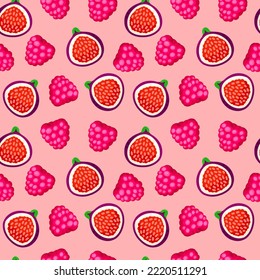 Farbige Cartoon Himbeere und Feigen Obstmuster nahtlos einzeln auf weißem Hintergrund. Doodle einfache Vektorsaft-Lebensmittel. Design der Saftverpackung. Druckvorlage für Sommergewebe.