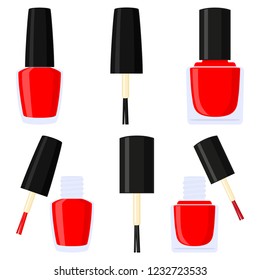 Colorful cartoon red nail polish silhouette set. Hand hygiene solution. Beauty manicure themed vector illustration for icon, stamp, label, sticker, badge, gift card, certificate or flayer decoration