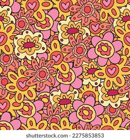 Colorful cartoon retro floral pattern of 60s and 70s style Vibrant retro vibe hippie flowers seamless pattern