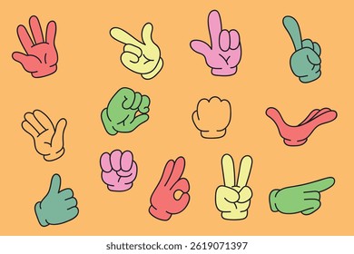 Colorful cartoon retro style character arms hands with different gestures. Flat graphic design cartoon illustration
