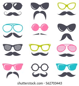 colorful cartoon retro sunglasses and mustache set
