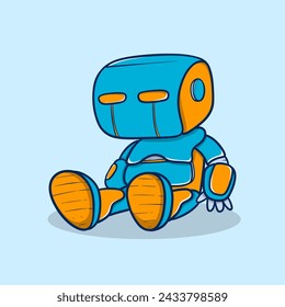 Colorful cartoon robot sitting down