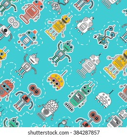 Robots de dibujos animados coloridos. Patrón veloz. Papel pintado asombroso. Papel envuelto, textil, fondo de página web.
