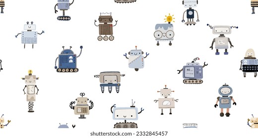 Colorful cartoon robots isolated background seamless pattern. Endless pattern with different robots. Repeating color simple flat pattern with monsters. Pattern for kids with cartoon characters. 