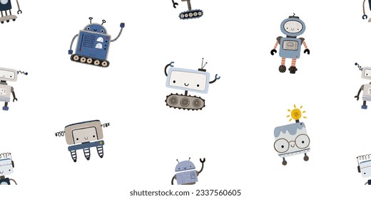 Colorful cartoon robots isolated background seamless pattern. Endless pattern with different robots. Repeating color simple flat pattern with monsters. Pattern for kids with cartoon characters. 
