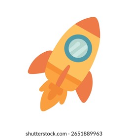 Colorful cartoon rocket blasting off with orange flames and blue window, ideal for kids’ space themes, science learning visuals, or playful design assets.