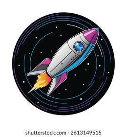 Colorful Cartoon Rocket Flying Through Outer Space in Circular Design	
