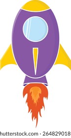 Colorful cartoon rocket icon in flat vector style. The rocket features a purple body, yellow fins and top, blue window, and fiery orange flame at the bottom.