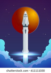 Colorful cartoon rocket launch concept with flame and clouds on Mars planet background vector illustration