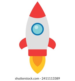 A colorful cartoon rocket with red fins, a white body, and a blue window, launching with yellow flames.