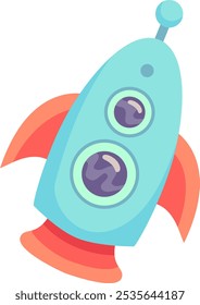 Colorful cartoon rocket ship flying through space with two round windows and three red fins, representing space exploration, futuristic travel, and technological advancement