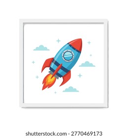 Colorful Cartoon Rocket Ship Flying Through Cloudy Sky