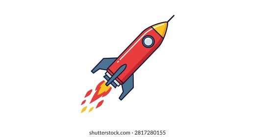 A colorful cartoon rocket ship flying upwards with a trail of fire, isolated on a white background.