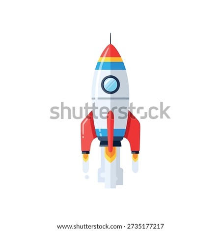 Colorful cartoon rocket ship with red, blue, and yellow accents, standing upright on white background.