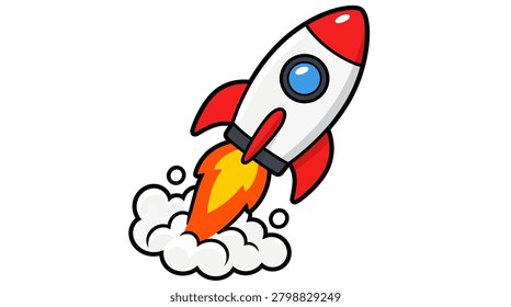 Colorful cartoon rocket ship taking off