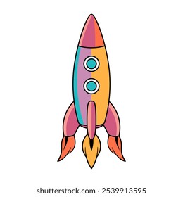 Cohete de dibujos animados de colores. Esta es una Ilustración vectorial simple y vibrante de un cohete estilo caricatura. El cohete tiene una forma clásica con una nariz puntiaguda.