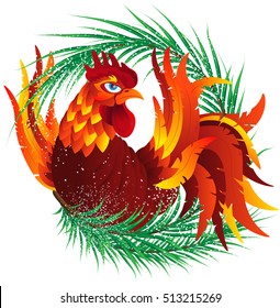 Colorful cartoon rooster with fir branch, symbol of 2017 year by eastern calendar. Isolated on white. Vector Illustration.