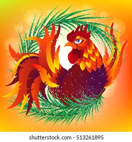 Colorful cartoon rooster with fir branch, symbol of 2017 year by eastern calendar. Vector Illustration.