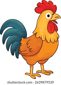 Colorful Cartoon Rooster with Red Comb and Blue Tail