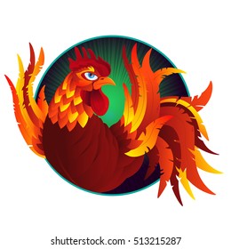 Colorful cartoon rooster, symbol of 2017 year by eastern calendar. Isolated on white. Vector Illustration.