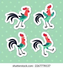 Colorful cartoon rooster in various poses sticker pack. Printable vector illustration. Can be used for web, mobile app, print, banner, poster, greeting card and other design 
