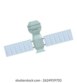 Ilustração colorida de satélite cartoon com painéis solares e antena, isolada sobre fundo branco. Design vetorial moderno para tecnologia espacial, comunicação e navegação