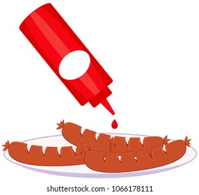 Colorful cartoon sausage ketchup mustard plate. Food themed vector illustration for gift card certificate sticker, badge, sign, stamp, logo, label, icon, poster, patch