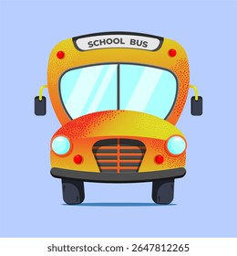 Colorful cartoon school bus on light blue background. Funny design for school products for kids, teachers and learning platforms. Vector illustration