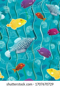 Colorful cartoon school of fish on a bright blue background swimming in ocean water with stylized green seaweeds, white shells and waves  juvenile gender neutral seamless vector surface pattern.