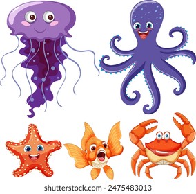 Colorful cartoon sea animals with smiling faces