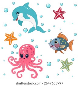 Colorful cartoon sea animals: a smiling dolphin, cheerful octopus, cute fish, and starfish with bubbles all around. A playful underwater scene perfect for kids and ocean-themed designs.