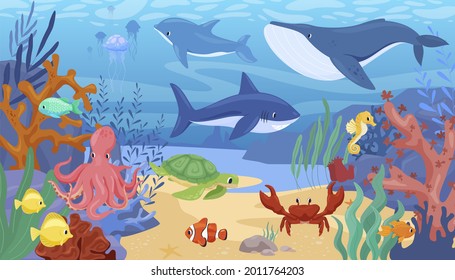 Colorful cartoon sea animals underwater panorama vector flat illustration. Cute dolphin, shark, fish, turtle, crab, octopus, seahorse surrounded by coral reefs and water plants. Tropical ocean bottom