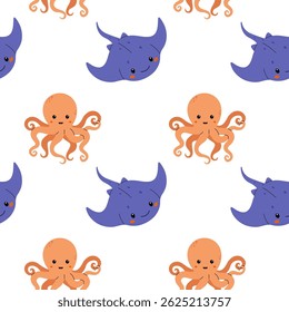 Colorful cartoon sea creatures featuring octopuses and stingrays swimming together on a white background