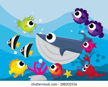 Colorful cartoon sea creatures in underwater scene vector illustration.